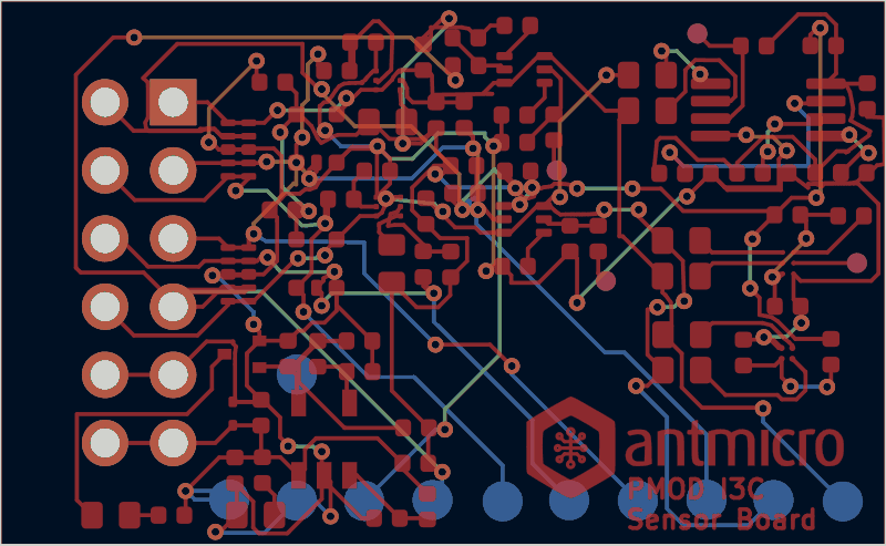 Antmicro PMOD I3C sensor board routed by tscircuit, all copper layers