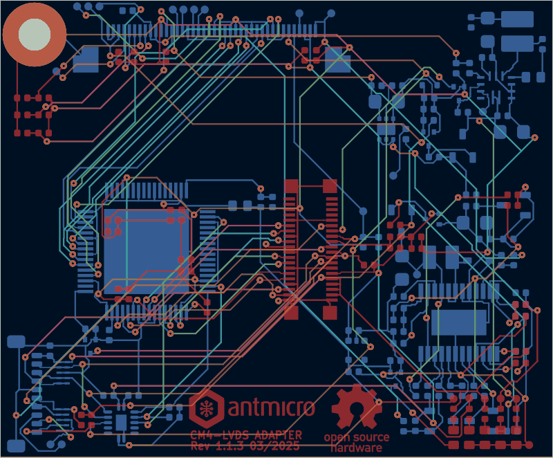 Antmicro CM4 baseboard LVDS adapter routed by Freerouting, all copper layers