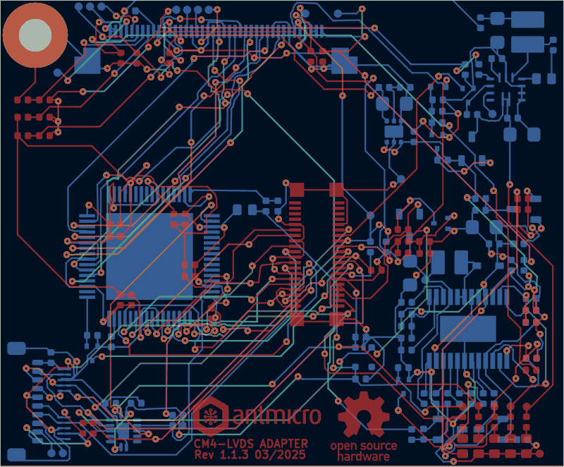 Antmicro CM4 baseboard LVDS adapter routed by tscircuit, all copper layers